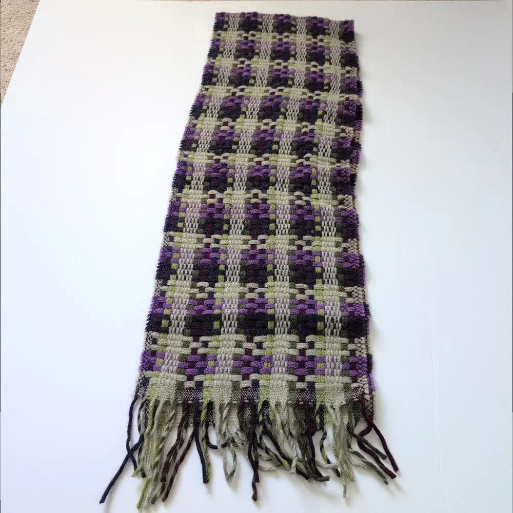 ECHO‎ Scarf Italian Knit Woven Plaid Purple Tan Gray Green Fringe - Wool Blend